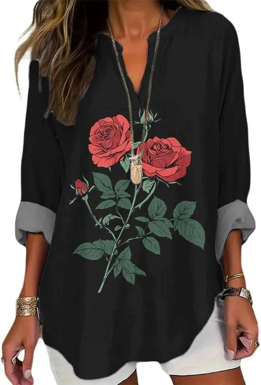 

Льняная рубашка в стиле бохо с цветочным принтом для женщин, блузка с v-образным вырезом и длинными рукавами, винтажная повседневная свободная посадка с принтом, осенние топы-туники