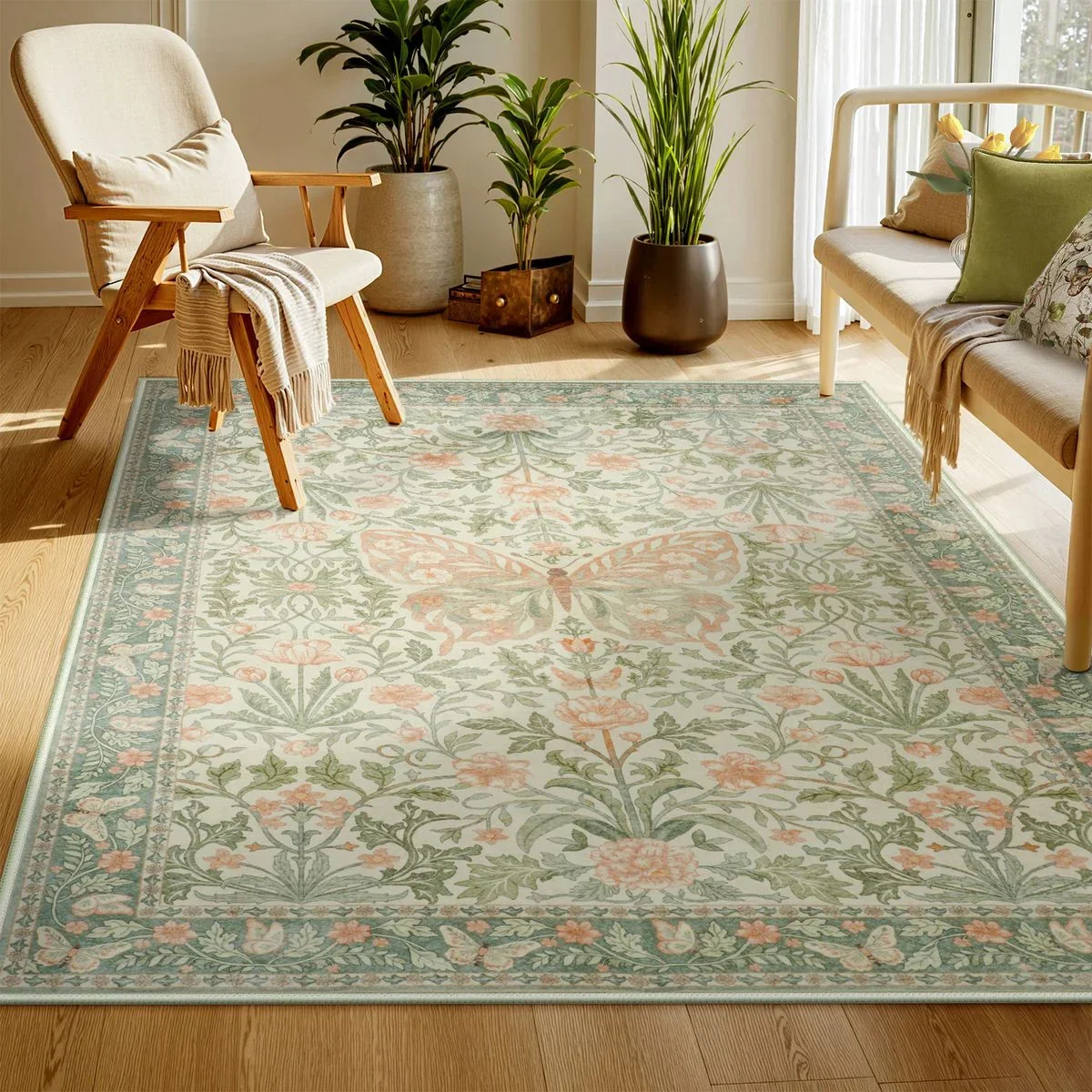 Vintage Floral Butterfly Pink Rug Floral Aesthetic Ornate Gothic Home Decor Living Room Carpet Non Slip Washable Boho Floor Mat