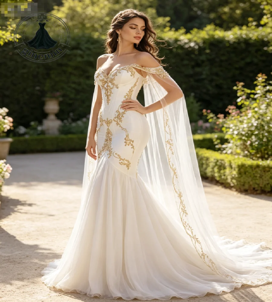 Off Shoulder Mermaid Wedding Dress Gold Lace Arabic Dubai Bridal Gown With Cape Sleeves Elegant Bohemian Garden 2027 Customized