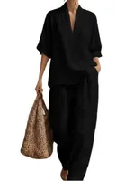 Fashion Cotton Linen Pant Set Women's Casual Stand Collar Button Top Wide Leg Trousers 2-piece Set Retro Female Office Suit 2026 - Image 6