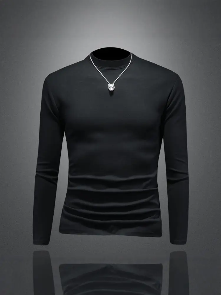 

High-Quali Pure Cotton Long Sve Base irt Men's Slim Fit Busin Casual f High Collar T-irt for Autumn Winter