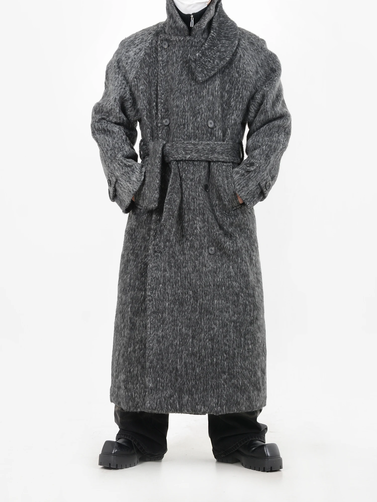 Fashion Designer Style Deconstruction Woolen Coat Outerwear Men's Thickened Lace-up Design Sense Overknee Long