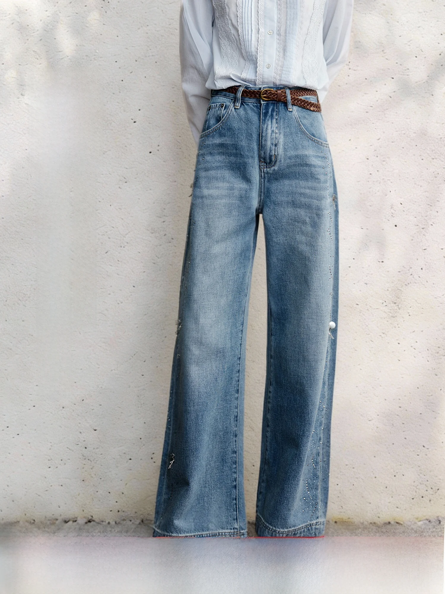 

Blue Denim Wide Leg Cotton Jeans Women's Loose Straight Long Trousers Early Spring Fashion Comfortable Fit Ladies Jeans