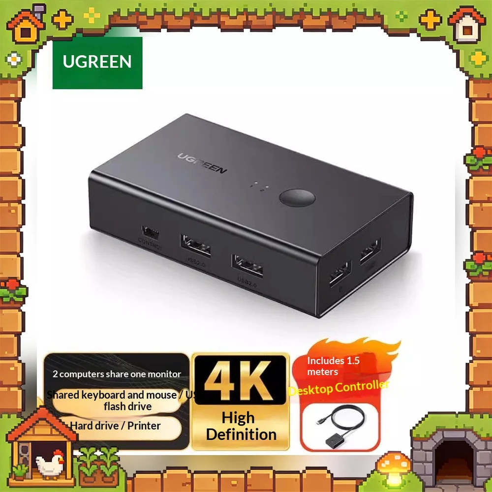 UGREEN 90809 HDMI KVM Switch 2 In 1 Out 4K Video Selector for Two Computers One Monitor Keyboard Mouse