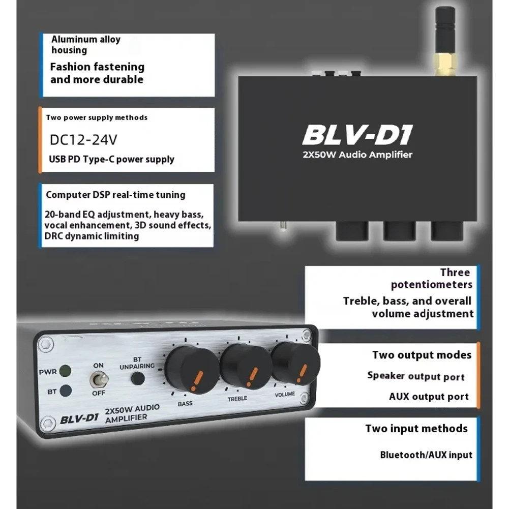 【PROMOTION】BLV-D1 2X50W TPA3116 Bluetooth 5.3D Desktop Amplifier, High And Low Frequency Adjustable For DSP Tuning