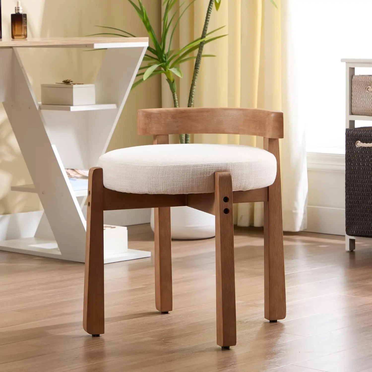 

Vanity Chair Upholstered Small Ottoman Footstool, Make Up Stool Linen Fabric with Backrest Wooden Frame for Living Room Bedrooms