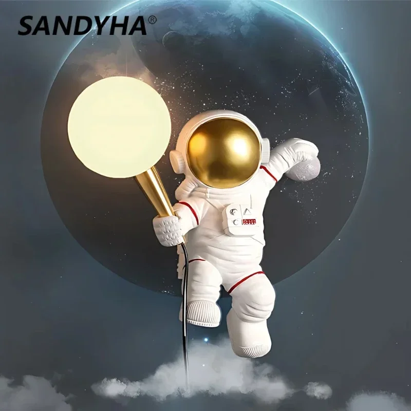 SANDYHA Modern Creative Astronaut Lunar Wall Light Planetary LED Lights Bedroom Decoration Bedlight Lighting Resin Lighting