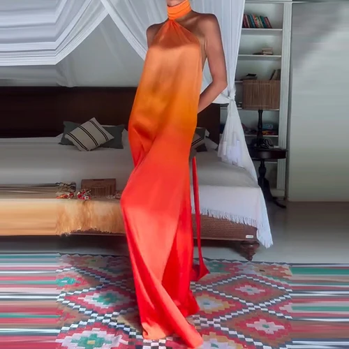 Imagen 1 del producto Vestido de playa ajustado sin mangas informal de verano con estampado degradado y espalda descubierta vestido de vacaciones hueco para mujer vestido Sexy de cintura alta con cuello Halter