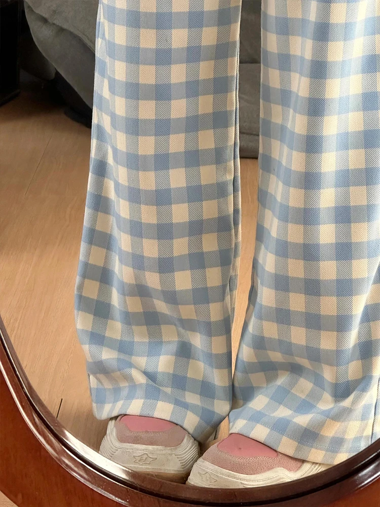 Pantalon à carreaux pour femmes, nouveau Style d'été, tendance, Simple, artistique, polyvalent, bleu, taille haute, jambes larges