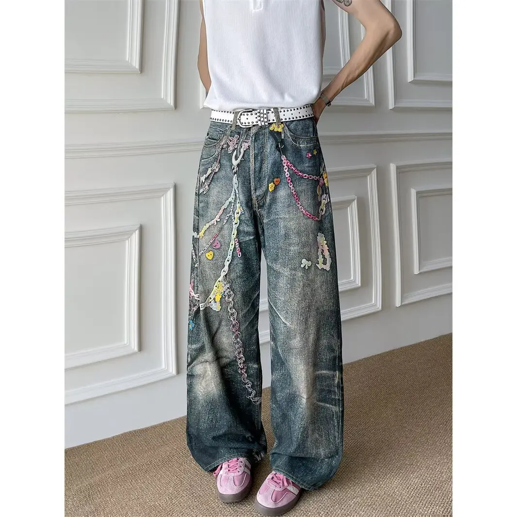 

Retro American 3D Digital Print Chain Denim Jeans Men's High Street Loose Wide Leg Straight Cut Casual Jeans Youth Trend