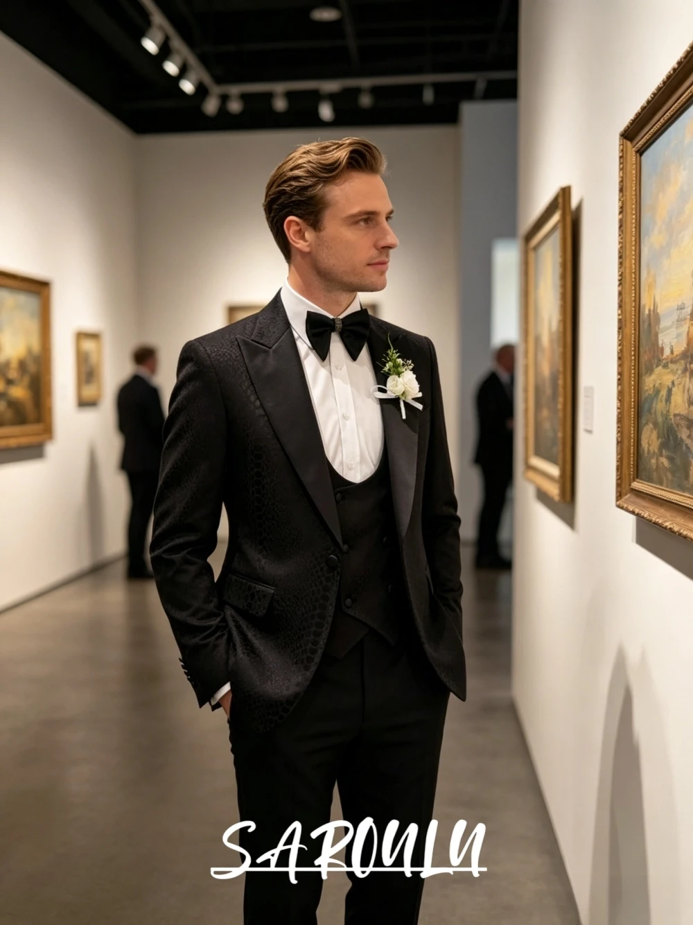 Luxury Men Black Crocodile Textured Tuxedo 3PCS Set Peak Lapel Formal Wedding Banquet Business Party Jacket Vest Pants Suit