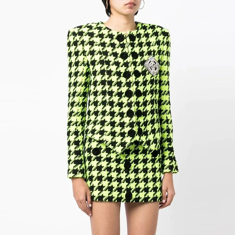 Blouse Jacket Mini Skirt Suit Women's Spring/Autumn Beaded Round Neck Fluorescent Green Houndstooth Casual Leisurely Minimalist