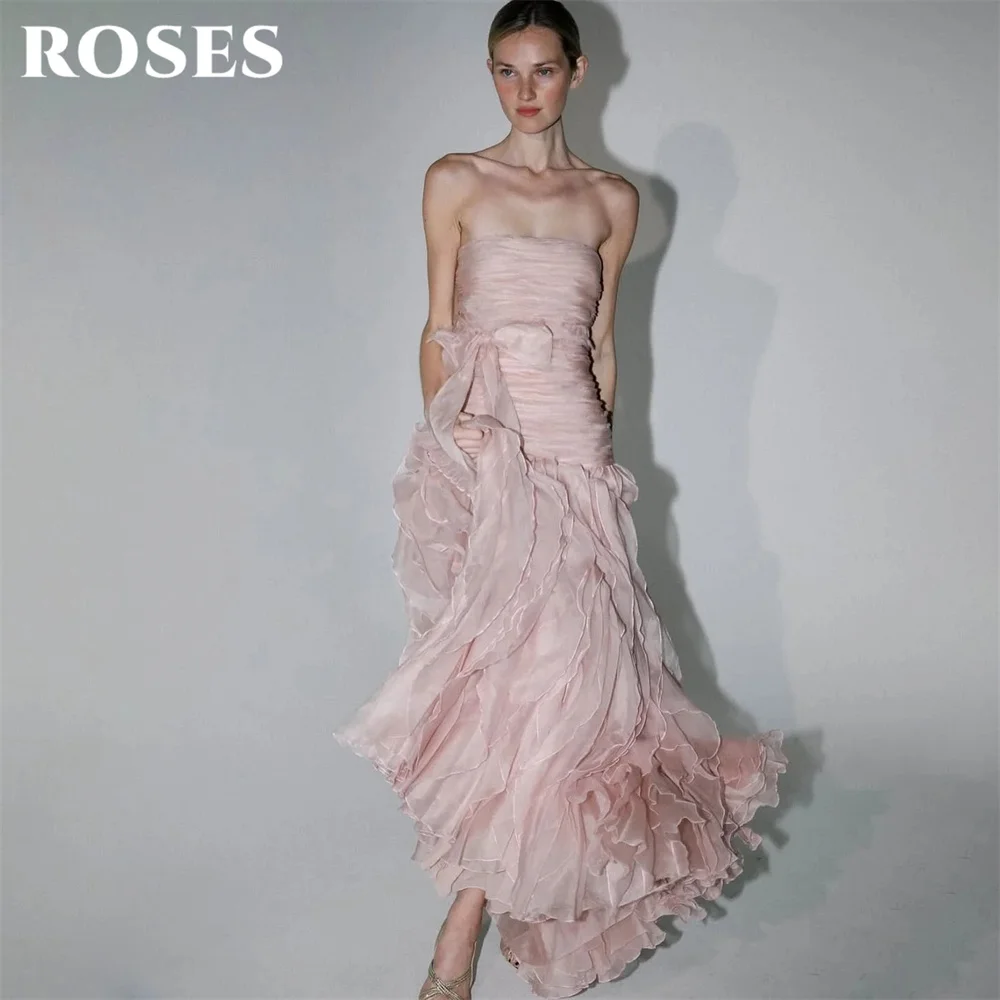 

ROSES Blush Pink Prom Dresses Strapless Sleeveless Evening Dresses with Bow Party Dresses Wave Hem Robe De Soirée Customized
