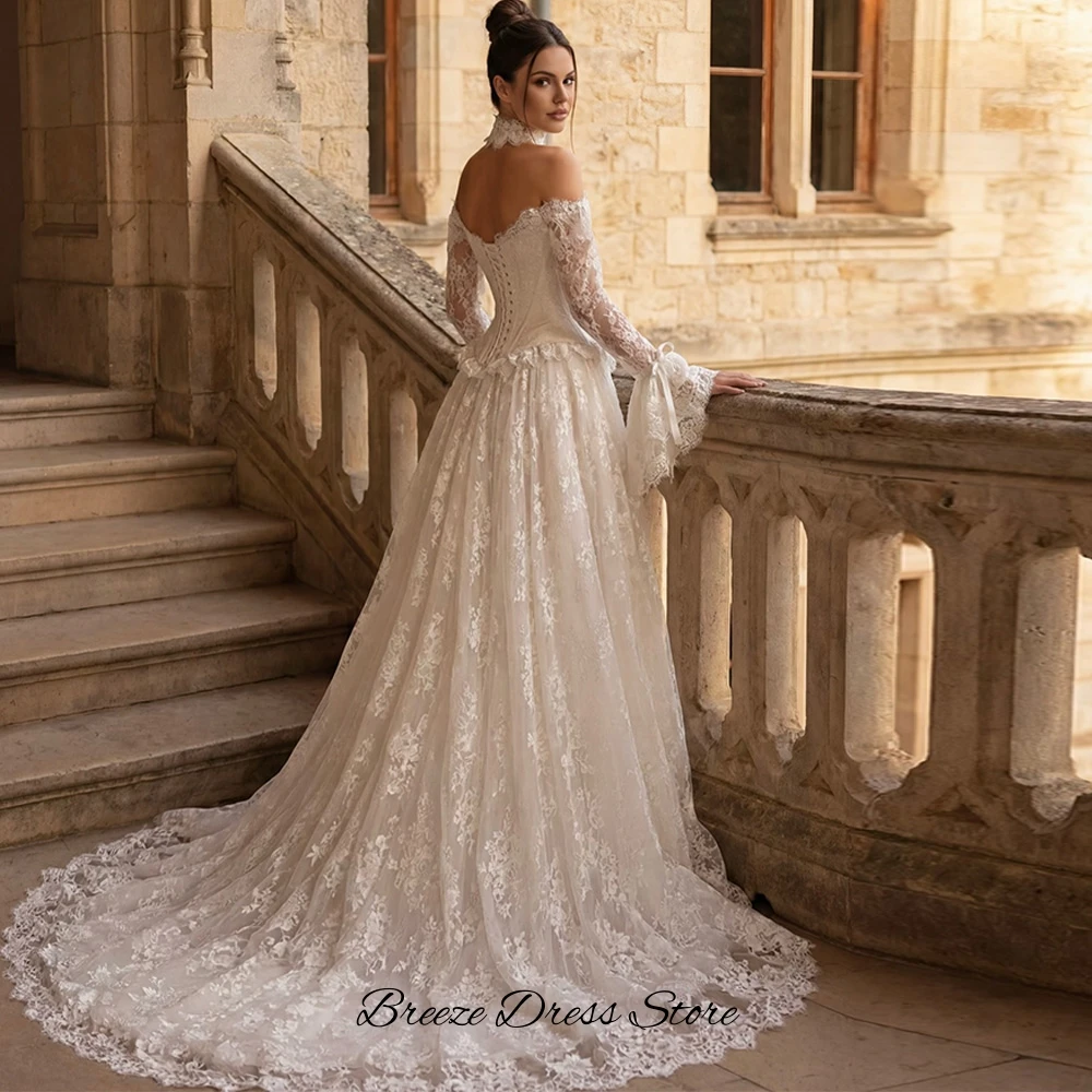 Customized Sweetheart Long Sleeves Robe de mariée Fashion Lace Appliques Wedding Dress Elegant A-Line Lace Up Back Bridal Gowns