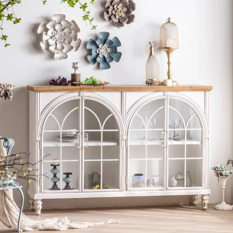 French retro porch cabinet solid wood arched glass door storage cabinet living room decorative cabinet white cream style dining