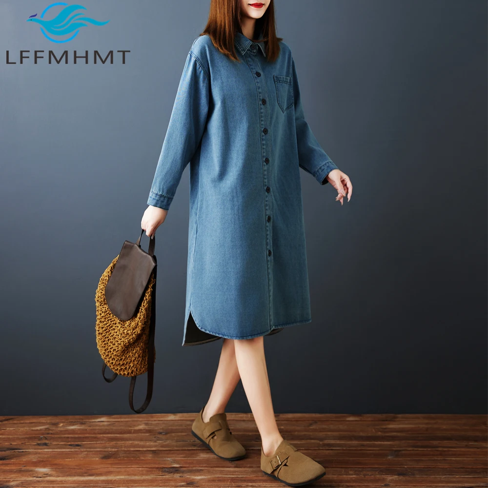 Winter Herbst Koreanische Mode frauen Denim Kleid Einfarbig Langarm Einfache Grund Lose Beiläufige Weibliche Vintage Kleid Roben