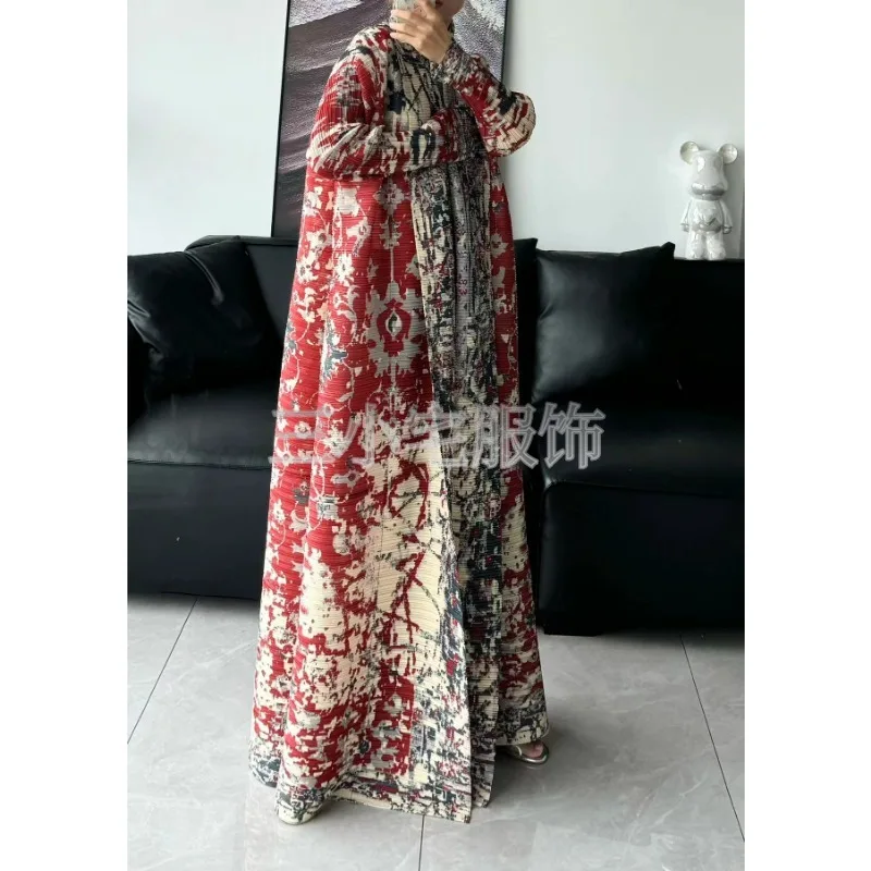 Fashion Designer Printed Pleated Women's Trench Coat Loose Waistband Long Sleeved Muslim Abaya Autumn/winter Versatile