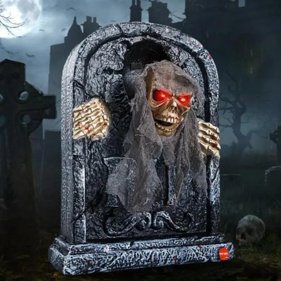 

Halloween Animatronic Tombstone with Moving Skeleton Sensor Activated Animated Scary Prop with Creepy Sound LightUp Eyes for Ha