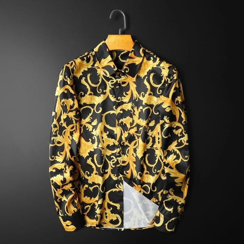 Luxury Gold Paisley Baroque Shirt  2020 Autumn Long Sleeve Casual Shirt Slim Fit Camisa Masculine Gold Black Chemise Homme 5xl