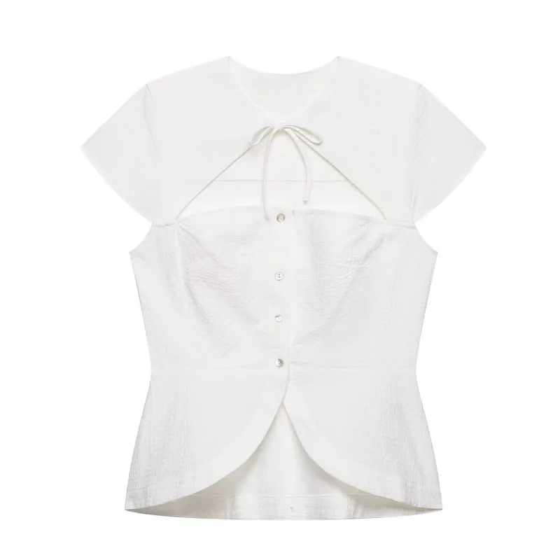 

HipSeam Women's Cut-Out Top with Bow New 2026 Summer Simple Short Sleeve O-Neck Women Shirts & Blouses Lady Chic Tops