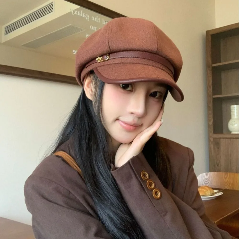 Modischer Britischer Stil PU-Leder Baskenmütze Braun mit Gürtelschnalle, Malerhut im Koreanischen Stil, Retro-Künstlerhut für Damen – Detail 6