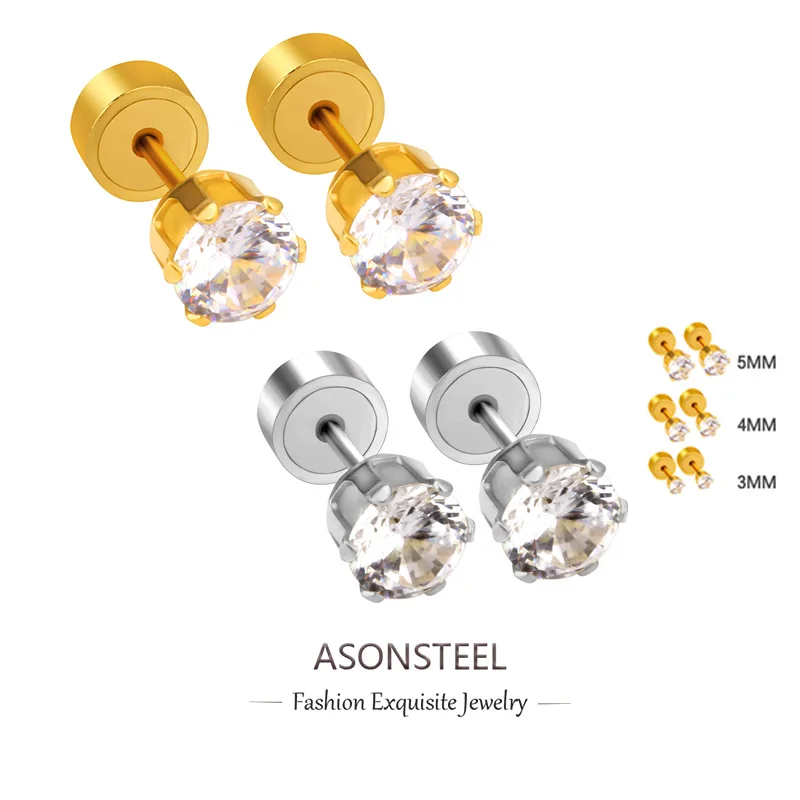 ASONSTEEL Size 3/4/5mm Surgical Stainless Steel Zircon Ear Studs Earrings For Women/Men Cartilage Piercing Trending 2024 Jewelry