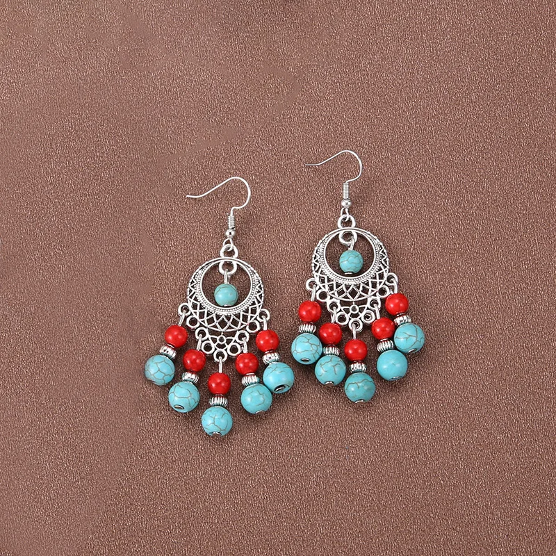 Retro Ethnic Tasse Brincos Azul Vermelho Turquesa Longo Boêmio Brincos Férias Estilo Mulheres Tibetano Cor Prata Dangle Brincos