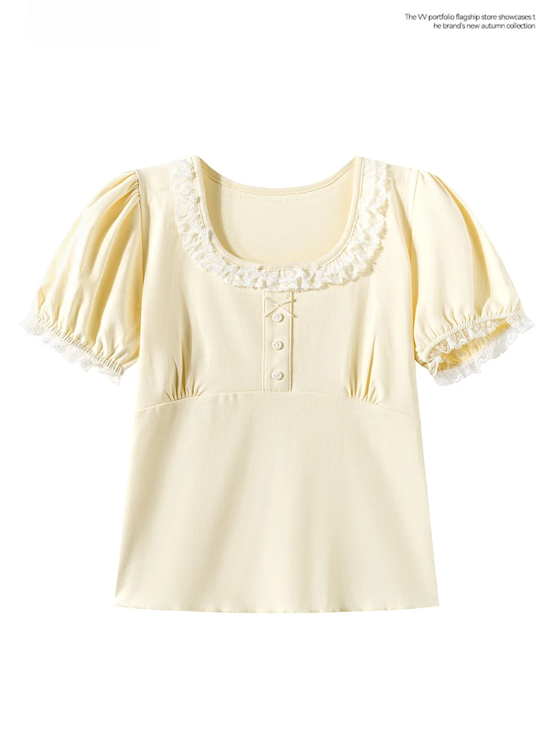 Korean Style Short Sleeve T-Shirt Women's Summer Slim Fit Fashionable Pear Color Square Collar Lace  Knot Bubble T-S...