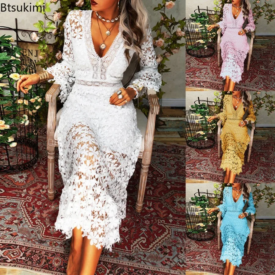 

2025 Women's Elegant Long Sleeve Lace Dress Big Show Long Dress Women Deep V-neck High Waist Hollow Out Design Summer Dress Robe