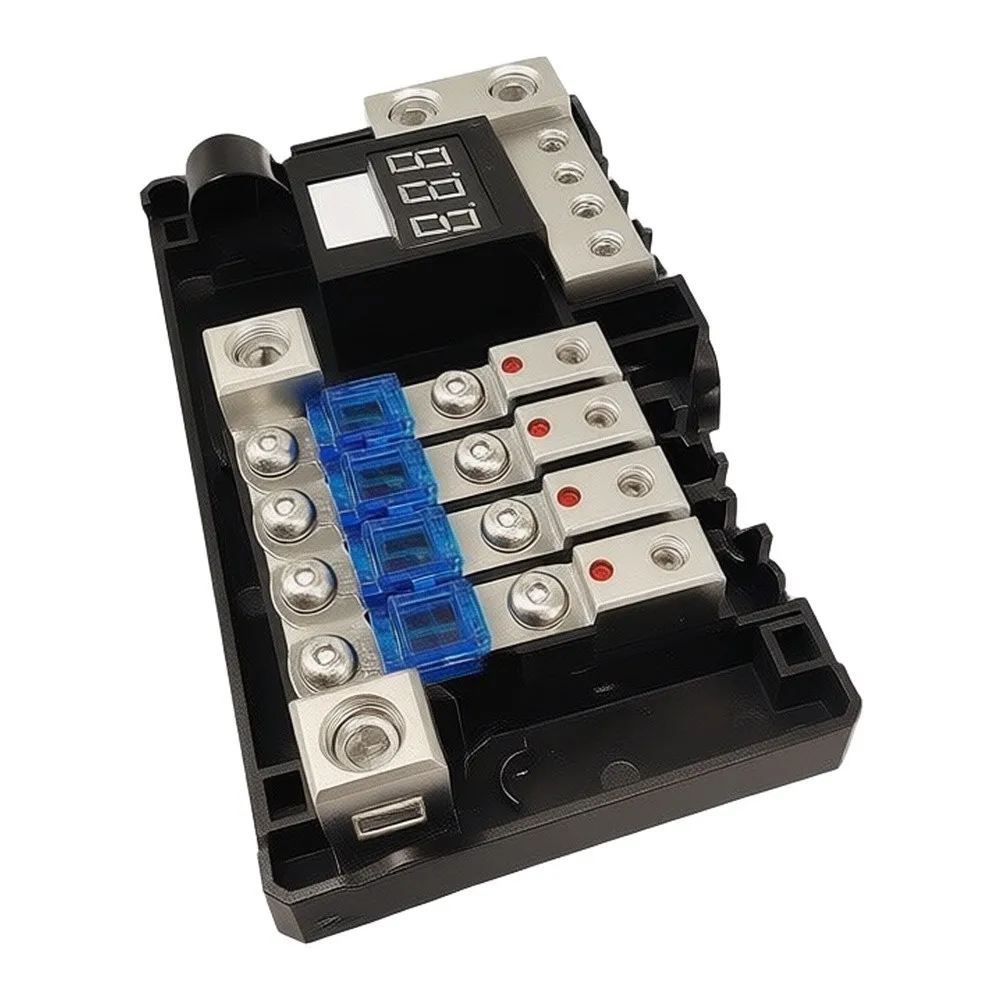 Car Audio 2-In-4-Out Fused Distribution Block with LED Voltage Readout 12V System Ready and Visual Fuse Status