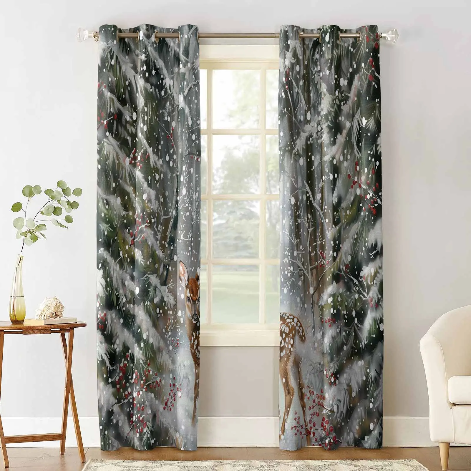 Christmas Snowflake Deer Snow Scene Living Room Bedroom Window Treatment Blinds Drapes Modern Kitchen Curtains