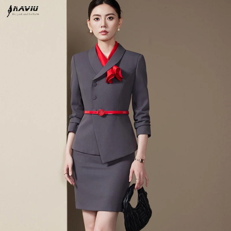 ชุดสูทแฟชั่นสตรี NAVIU สำหรับฤดูใบไม้ผลิและฤดูใบไม้ร่วง ดีไซน์หรูหรา แขนยาว ทรงเข้ารูป พร้อมกระโปรง เหมาะสำหรับใส่ทำงานในออฟฟิศ