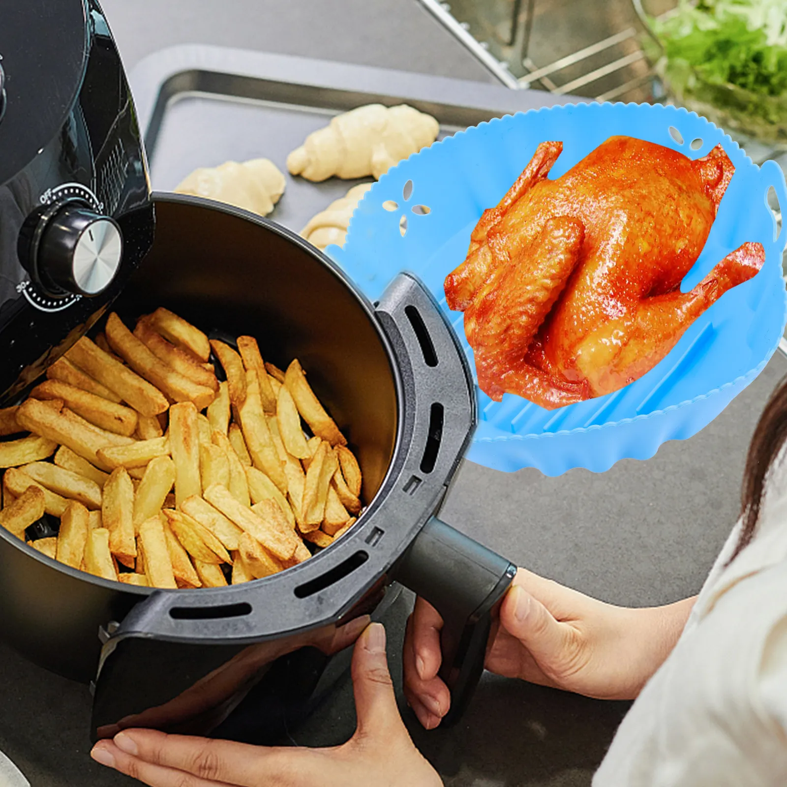 Forro de Silicone Reutilizável Antiaderente Lavável para Fritadeira Elétrica, Compatível com Cesto de Fritadeira, Forno, Micro-ondas, Fogão e Churrasq