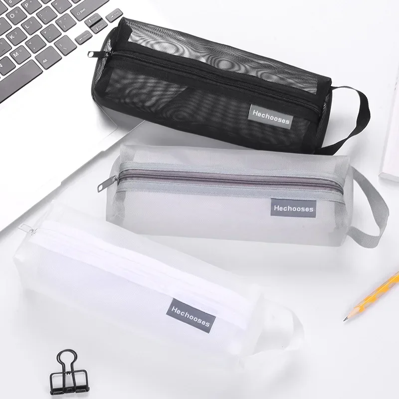 Black/White Simple Transparent Grid Zipper Pencil Case Solid Color Cosmetic Storage Nylon Mesh Pen Bag Stationery Storage Tool