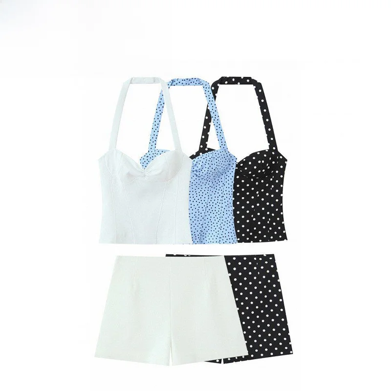 

Spring New Fashionable ZR Women's Outfit round Neck Polka Dot Top with Short Pants Elegant Versatile Neck Hanging Design