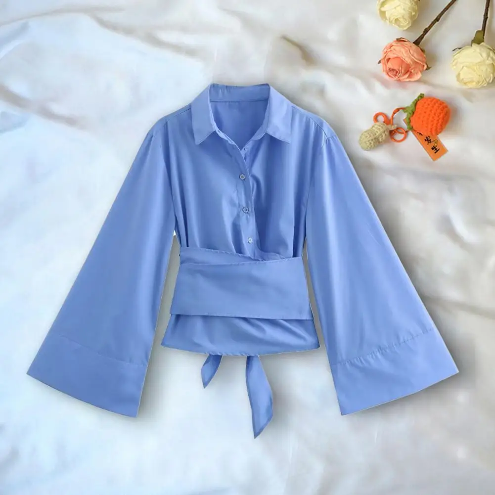 Women Bell Sleeve Shirt Elegant Lace-up Women's Shirt Long Sleeve Button Placket Top for Casual Commuting Style Solid Color Work