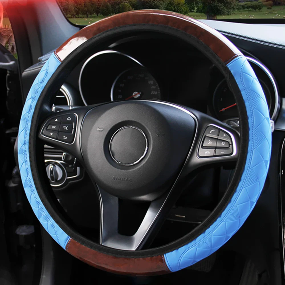 4 Colors Universal PU Leather Steering Covers Wooden Pattern Interior Accessories Car-styling Car Steering Wheel Cover