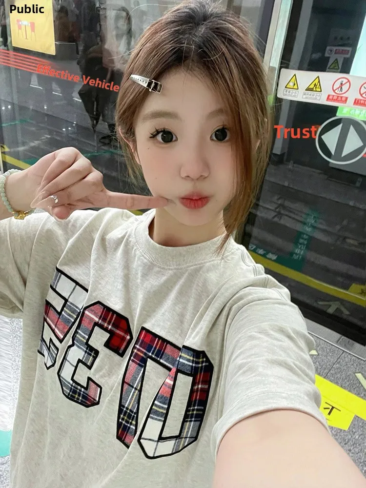 레트로 아메리칸 자수 코튼 티셔츠 여성 여름 신상 루즈핏 순면 라운드넥 탑