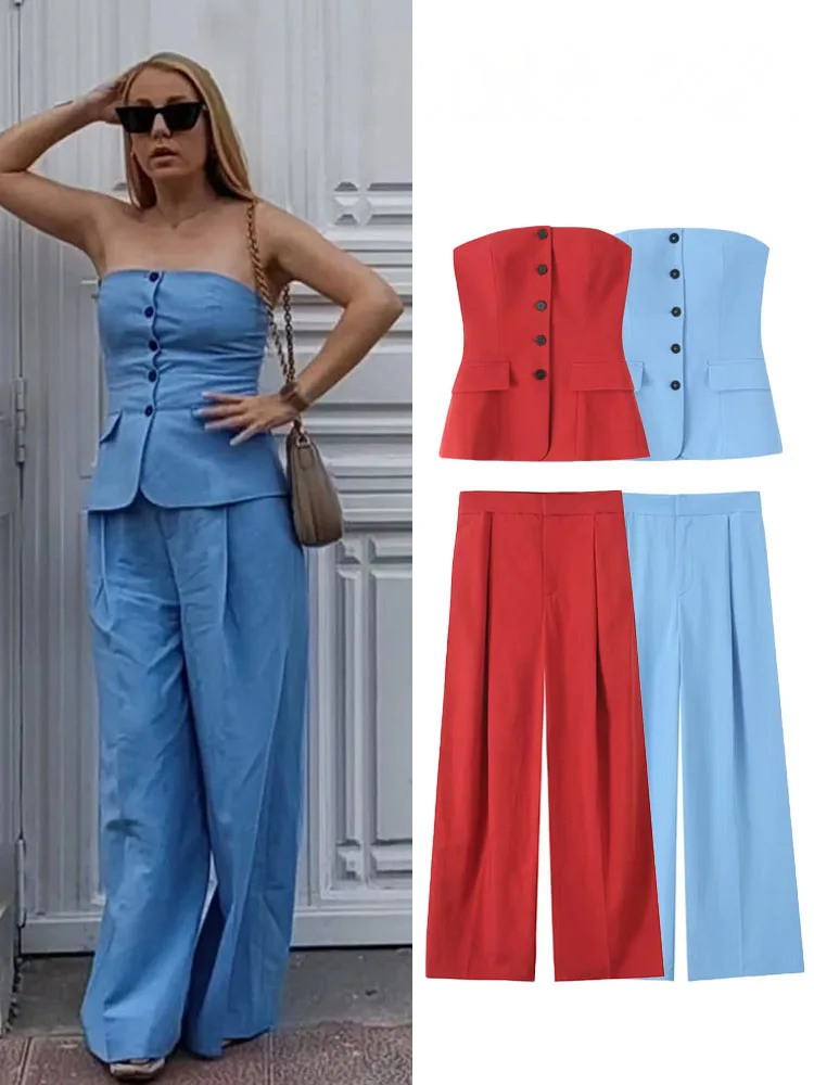 

HH Women 2025 2-Piece Set Fashion Sleeveless Single-Breasted Tube Top Vest+High Waist Pockets Pleated Casual Wide-Leg Pants