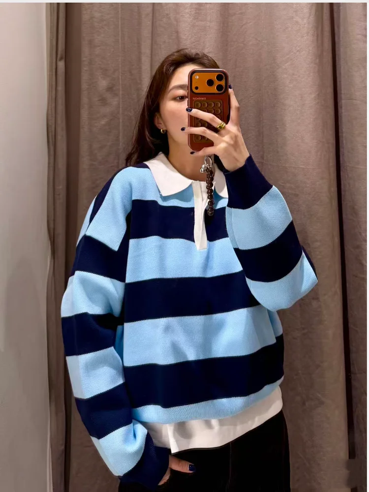 

Новый женский вязаный свитер в стиле преппи, длинный рукав, в полоску, с откидным воротником, зимний, повседневный, удобный, из полиэстера