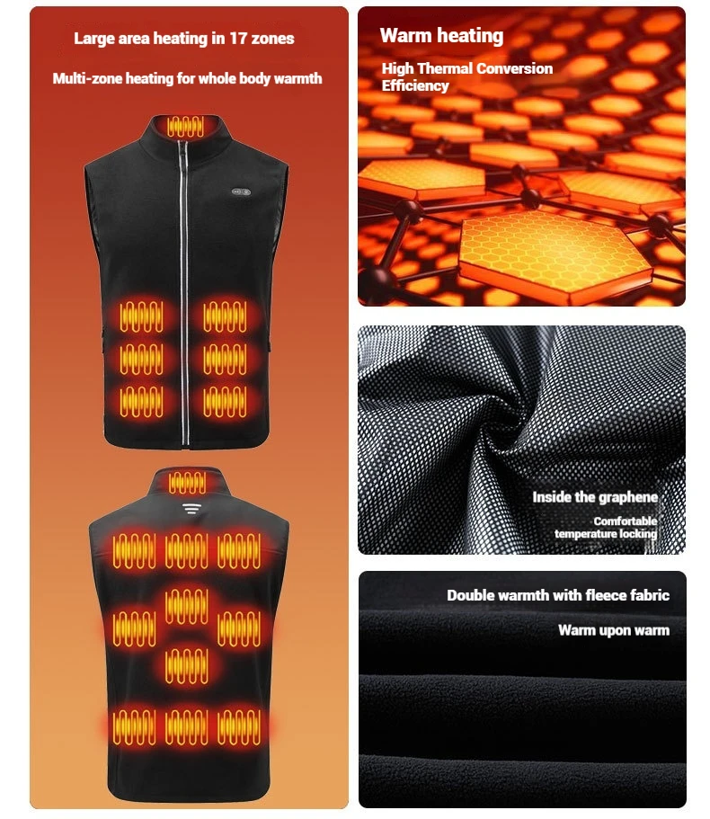 USB-Heizweste für Herren und Damen, elektrische Thermojacke, Polarfleece, Stehkragen, winddicht, reflektierender Reißverschluss, Outdoor-Sport – Detail 8