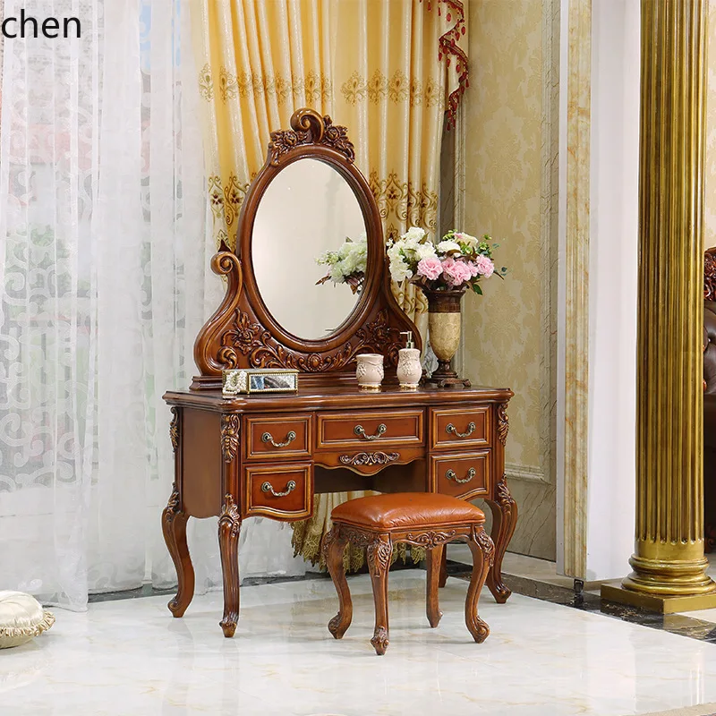 HT Vintage Dressing Table Carved Simple Bedroom Dressing Table Stool Mirror Set Rustic Solid Wood Dressing Table