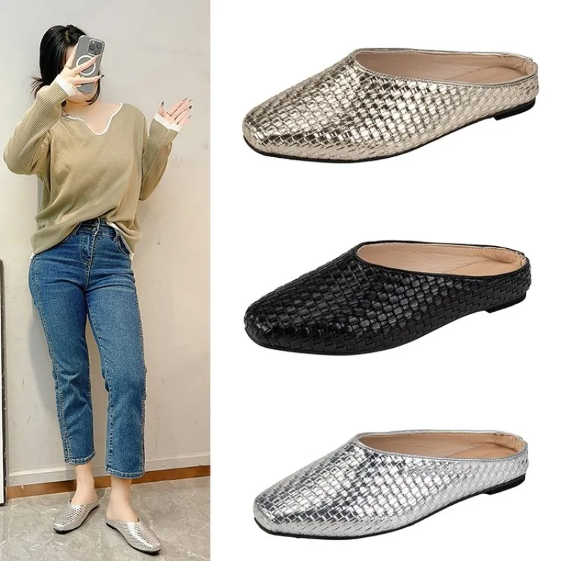 

2025 Woven Baotou Semi-slippers Female Summer Outwear Temperament Fashion with the Tip of a Pedal Slippers Female Outdoor Fashio