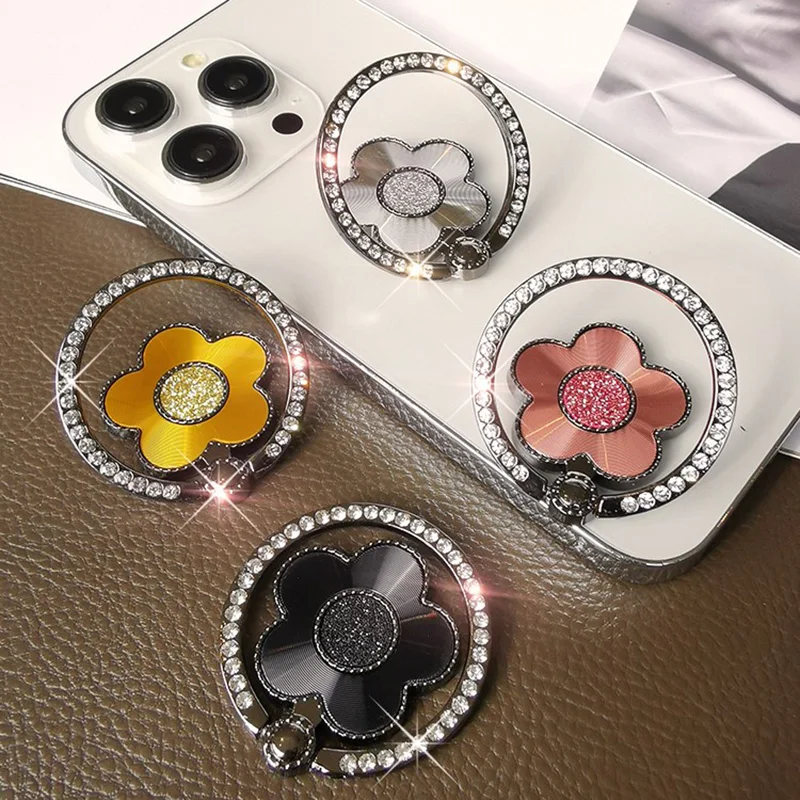 Fashion Flower Mobile Phone Bracket Metal Diamond 360 degree Rotating Finger Ring Universal Accessories Stand Desktop Holder