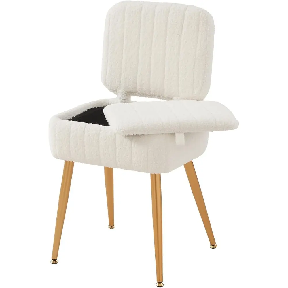 

ated Vanity Chair, Storage Ottoman with olding Back & Gold-Toned Metal Legs, Ottoman Seat with Teddy Velvet or Dring Room Living