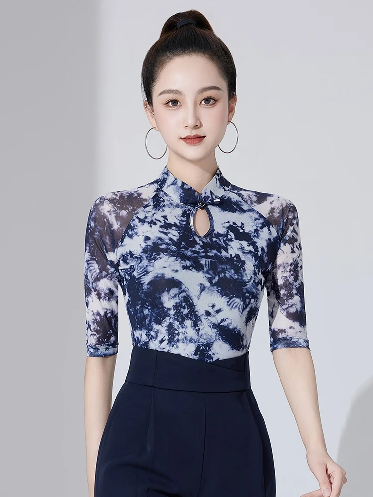 

Сетчатый топ с короткими рукавами и принтом, топ для латинских танцев, женские национальные стандартные танцевальные костюмы для чача, румбы, танго, современные танцевальные костюмы DQL11645