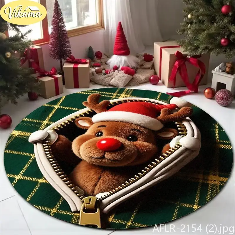 VIKAMA Christmas Round Rug, 3D Zipper Reindeer Pattern Rug, Soft Non-Slip Living Room Rug, Christmas Home Decor