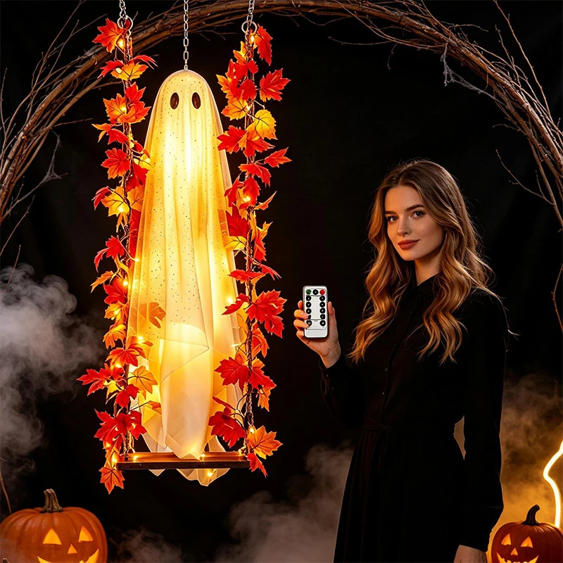 Large Light‑up Ghost Swing Hanging Ornament With Maple Leaf Halloween Hanging Ornament For Yard And Outdoor Tree Display