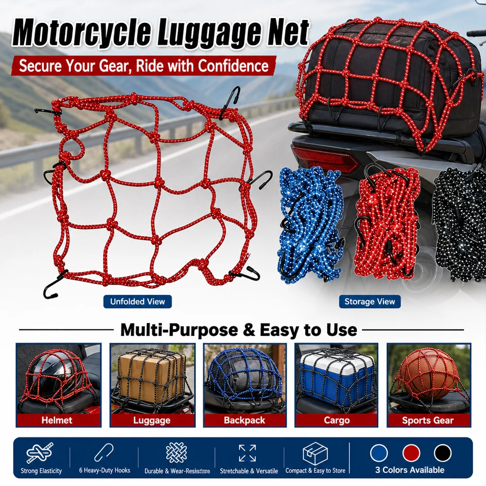 Motorcycle Cargo Net 30x30cm Motorbike Bicycle Elastic Net for Helmet Storage Bungee Fuel Tank Luggage Net with Hooks