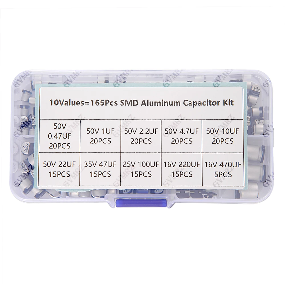 165PCS 10Values SMD Aluminum Electrolytic Capacitor Sample Box - Assorted Kit for Electronics DIY Repair Projects DIY